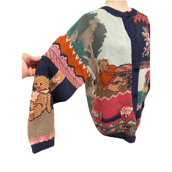 Vintage 90s Together! Knit Cardigan Sweater Teddy Bears Floral Women's S Grandma - Picture 8 of 10